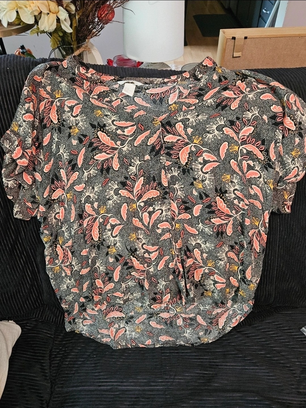 H&M Black Blouse with Coral and Yellow Floral Print